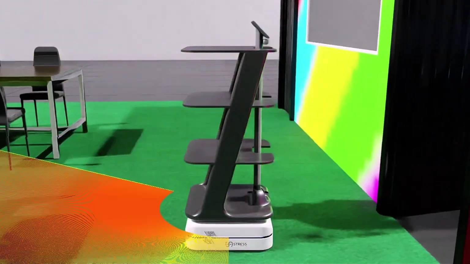 Zero service robot with its LiDAR scan active inside the Isaac Sim lab environment